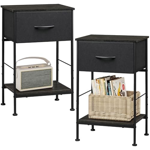 WLIVE Night Stand Set 2, Black Nightstand with Fabric Storage Drawer and Open Wood Shelf, Nightstand Set of 2 with Steel Frame, Side Table for Bedroom, Dorm, Charcoal Black, 25.03" Height - Image 1