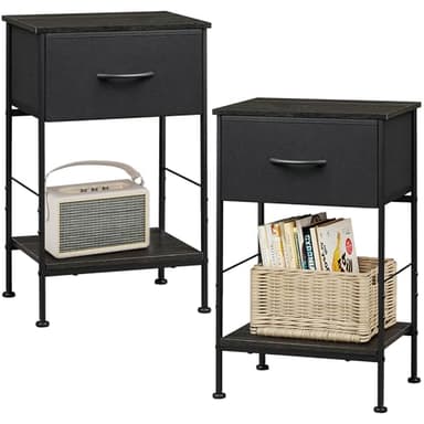 WLIVE Night Stand Set 2, Black Nightstand with Fabric Storage Drawer and Open Wood Shelf, Nightstand Set of 2 with Steel Frame, Side Table for Bedroom, Dorm, Charcoal Black, 25.03" Height - Image 1