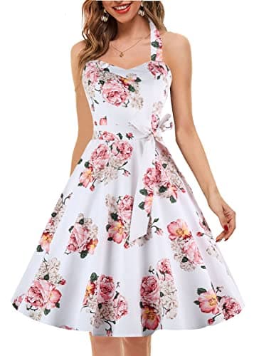 Topdress Women's Vintage Polka Audrey Dress 1950s Halter Retro Cocktail Dress Pink Flower XL - Image 2