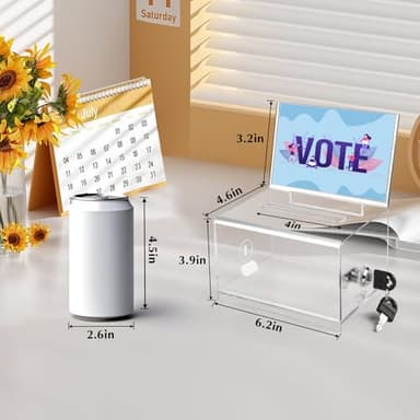 VOISEN Clear Donation Box with Lock,2 Pack Ballot Box with Sign Holder,Suggestion Box for Fundraising, Voting Box with Slot for School,Conference 6.2x4.6x3.9 Inch - Image 6