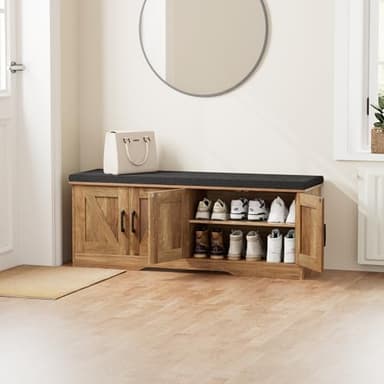 HOMSHO 2-Tier Storage Bench, 47.2" Wide Shoe Bench with Padded Seat Cushion, Entryway Bench with 4 Barn Doors and Adjustable Shelf, Rustic Walnut - Image 2