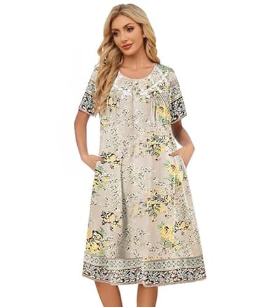 House Dresses for Women Floral Print Nightgowns Short Sleeve Lounge Moo Moo Dresses Sleepwears with Pockets - Image 3
