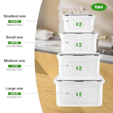 4 PCS Fruit Storage Containers for Fridge with Removable Colander, Airtight Food Storage Container, Dishwasher Safe Produce Saver Container for Refrigerator, Keep Berry Fruit Vegetable Fresh Longer - Image 2