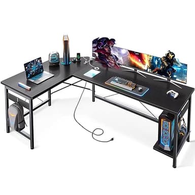 Coleshome 66" L Shaped Gaming Desk with Outlet, L Shaped Desk with CPU Stand, Corner Computer Desk, Home Office Desk, Writing Desk, Black - Image 1