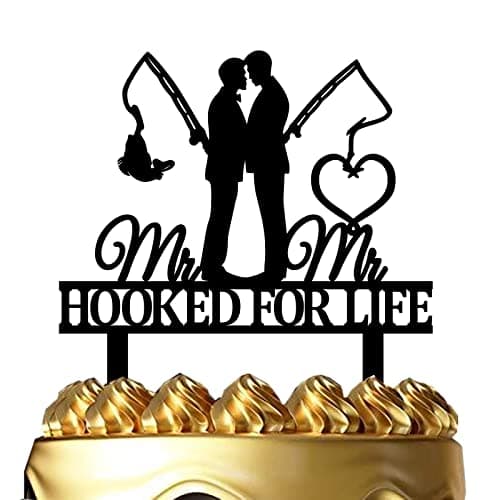 Gay Wedding Cake Topper - HOOKED FOR LIFE - Funny Fishing Gay Wedding Cake Topper, Mr & Mr Wedding Cake Topper (Fishing Gay) - Image 1