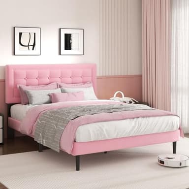CXVX Queen Size Bed Frame with Headboard, Platform Bed Frame with Velvet Upholstered Button Tufted Headboard, Wood Slats Support, No Box Spring Needed, Mattress Foundation, Easy Assembly, Pink - Image 1