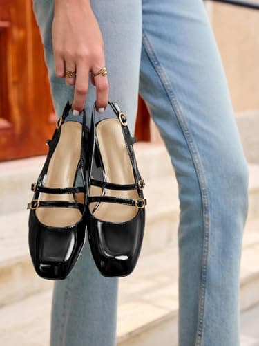 Coutgo Womens Mary Jane Chunky Low Heels Slingback Pumps Closed Square Toe Wedding Dress Shoes, Black, Size 8 - Image 2