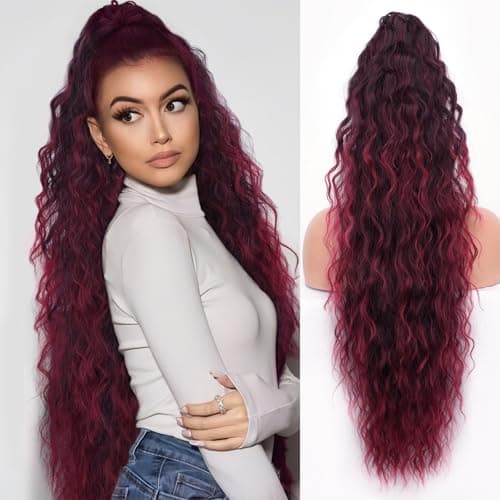ORSUNCER Ponytail Extension Claw 30" Curly Pony Tail Clip in Claw Hair Extensions Fluffy Natural Looking Synthetic Hairpiece for Women Omber Burgundy - Image 1