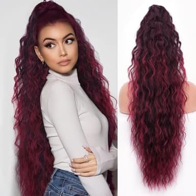ORSUNCER Ponytail Extension Claw 30" Curly Pony Tail Clip in Claw Hair Extensions Fluffy Natural Looking Synthetic Hairpiece for Women Omber Burgundy - Image 1