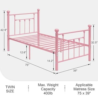 VECELO Twin Size Metal Platform Bed Frame with Headboard and Footboard, Heavy Duty Slat Support/No Box Spring Needed Mattress Foundation/Underbed Storage Space, Victorian Style - Image 2