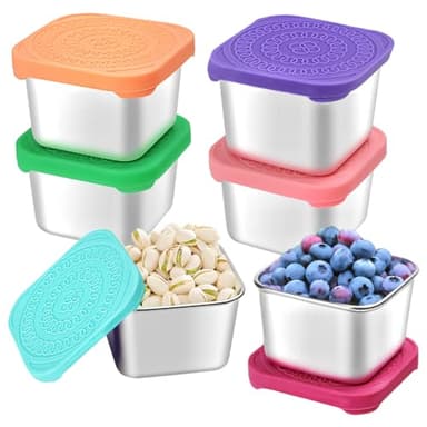HTEVW 6Pack 6oz Stainless Steel Snack Containers for Kids, Easy Open Leak Proof Metal Toddler Snack Containers with Silicone Lids, Stackable Metal Toddler Lunch Box for Daycare, School and Travel - Image 1