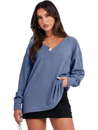 ANRABESS Oversized Long Sleeve Shirts for Women Off the Shoulder Sweatshirt Loose V Neck Tunic Tops High Low Sweater 2025 Small Grey Blue - Image 2