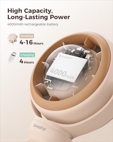 SWEETFULL Baby Stroller Fan - 4000mAh Rechargeable 4-Speed Quiet with LED Display & Night Light, Mini Portable 360° Clip On Safe Fan for Car Seat, Crib, Travel - Brown - Image 4