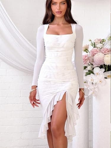 BORIFLORS Women's Sexy Ruched Bodycon Midi Dresses Elegant Mesh Long Sleeve Square Neck Ruffle Hem Cocktail Party Dress, Medium, White - Image 4