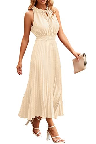 PRETTYGARDEN Women's Midi Summer Dresses Casual V Neck Swiss Dot Ruffle Sleeveless A Line Beach Sun Dress (Apricot,Medium) - Image 1