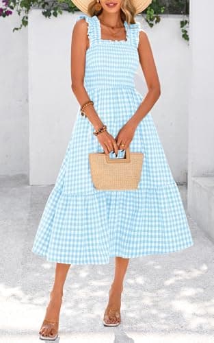 PRETTYGARDEN Women's Summer Dress Casual Square Neck Ruffle Strap Gingham Smocked Midi Flowy A Line Beach Vacation Sun Dresses 2025 (Light Blue, S) - Image 3