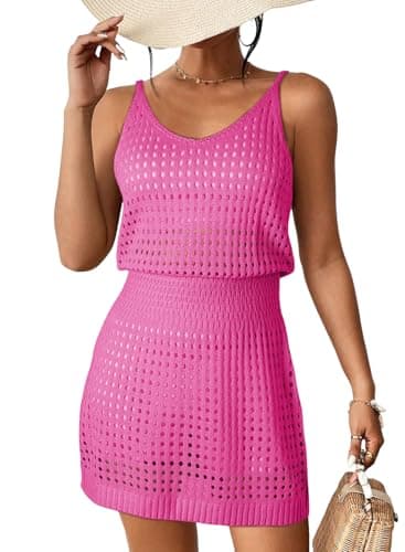 Dokotoo Bathing Suit Cover Ups for Women 2025 Trendy Summer Fashion Scoop Neck Sleeveless Spaghetti Straps Waist Crochet Hollow Out Knit Sexy Short Bikini Beach Dress Essentials Hot Pink Small - Image 1