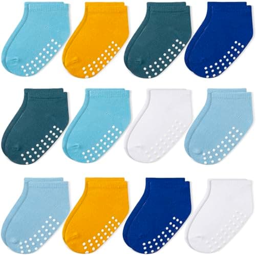 JAKIDAR 12 Pair Baby Toddler Socks Non-Slip Grip Cotton Ankle Socks for Boys Girls Non Skid Soles for Infants Kids, Ocean Blue, 12-24 Months - Image 1