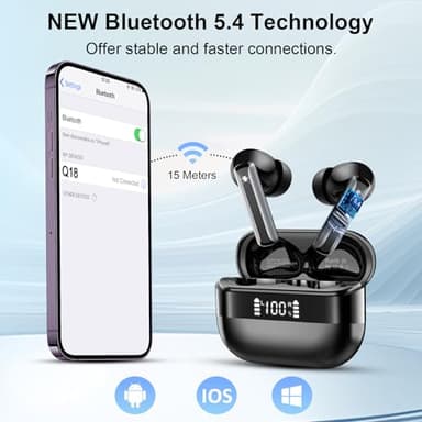 Wireless Earbuds, Bluetooth 5.4 Headphones with HiFi Stereo, in Ear Earphones with 4 ENC Mics, 48H Bluetooth Earbuds with LED Display Charging Case, IP7 Waterproof Ear Buds for Android iOS Black - Image 2