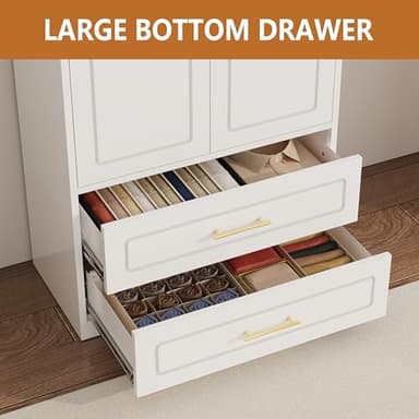 Polup Metal Armoire Wardrobe Closet witih Two Drawers, 71" Tall Large Wardrobe Cabinet with Hanging Rod, Clothing Storage Cabinet with Doors and Shelves for Bedroom, White, Assemble Required - Image 4