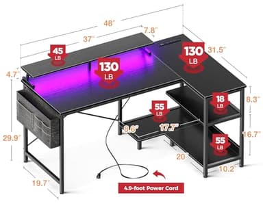 ODK 48 Inch Gaming Desk with USB Charging Ports and LED Lights, Reversible L Shaped Computer Desk with Storage Shelves & Monitor Stand, Corner Gamer Desk Table with Power Outlets, Black - Image 3