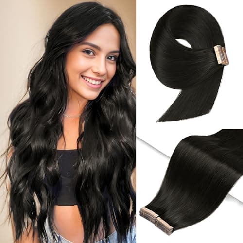 Tape in Hair Extensions Human Hair, 14 Inch Human Hair Tape in Extensions 20Pcs Natural Black Tape Ins Human Hair Extensions for Women Seamless Tape in Hair Extensions Real Human Hair (1B#, 14 Inch) - Image 1