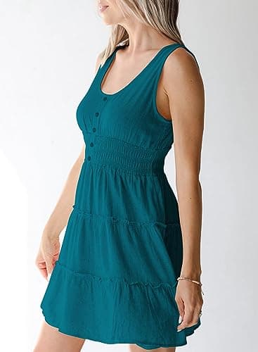 Dokotoo Women's Casual Dresses Summer Dresses for Women 2025 Button Down Smocked Dress Ruffle Tiered Soft Sleeveless A Line Swing Mini Short Cute Dress Hawaiian Sundress Vacation Blue Large - Image 3