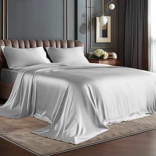 BEDELITE King Size Sheets Set, Luxury Soft Grey Satin Sheets for Hair and Skin, Similar to Silk Bed Sheets Set 4 Pieces with 1 Deep Pocket Fitted Sheet, 1 Flat Sheet, and 2 Pillowcases - Image 1
