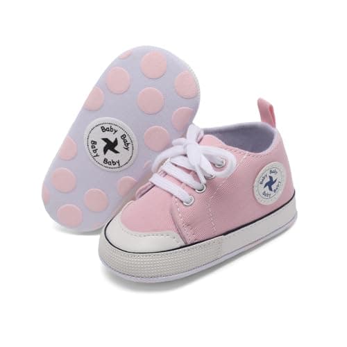 Baby Girls Boys Shoes Soft Anti-Slip Sole Newborn First Walkers Star High Top Canvas Denim Unisex Infant Sneaker(A01-Light Pink03,0-6 Months) - Image 1