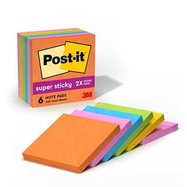 Post-it Super Sticky Notes, 3x3 in, 6 Pads, 2X The Sticking Power, Energy Boost Collection, Bright Colors (Orange, Pink, Blue, Green),Recyclable (654-6SSAU) - Image 1