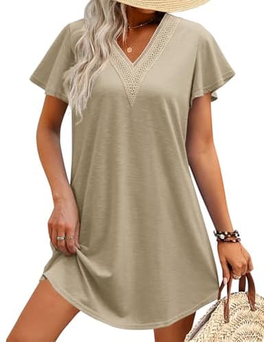 AI'MAGE Women's Swimsuit Coverups Bikini Beach Swimwear Cover Up V Neck Bathing Suit Cover Up Beach Dress Khaki L - Image 1
