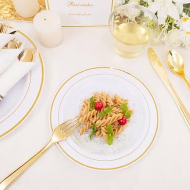 DaYammi 350PCS Gold Plastic Dinnerware Set for 50 Guests, Fancy Disposable Plates for Party, Include: 50 Dinner Plates, 50 Dessert Plates, 50 Pre Rolled Napkins with Gold Silverware, 50 Cups - Image 8