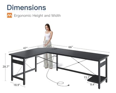 Coleshome 66" L Shaped Gaming Desk with Outlet, L Shaped Desk with CPU Stand, Corner Computer Desk, Home Office Desk, Writing Desk, Black - Image 3