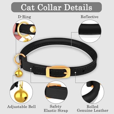OOPSDOGGY Rolled Leather Cat Collar with Bell - Reflective Kitten Collar with Safety Elastic Strap - Adjustable Small Pet Collars for Boy Girl Cats (Black) - Image 4