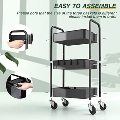 LEHOM 3 Tier Rolling Utility Cart, Metal Trolley Cart with Wheels, Hooks, Easy Assembly Organizer Storage Cart for Bathroom, Kitchen, Office, Bedroom(Black) - Image 7