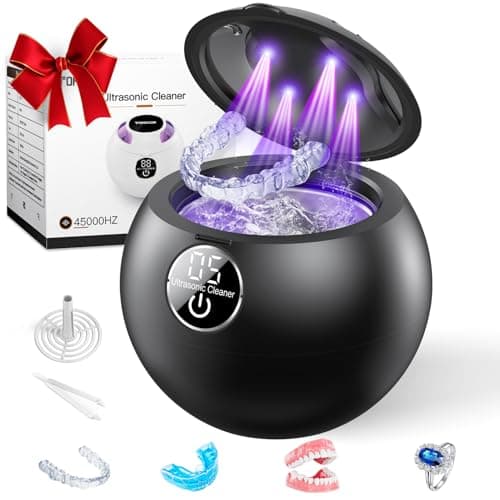 Ultrasonic Retainer Cleaner Machine,45kHz Ultrasonic Cleaner,UV Lamp 360°Cleaning for Dentures,Mouth Guard,Jewelry,Braces,Toothbrush Heads with 250 ML Dental Cleaning Pod, 6 Modes,Black - Image 1