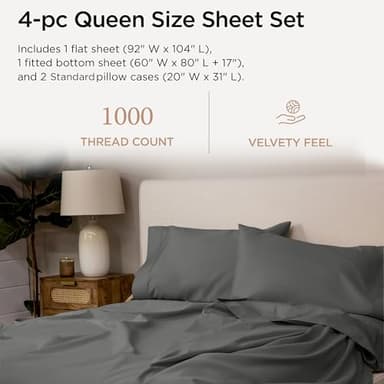 Threadmill Certified 100% American Supima Cotton Sheets, Queen Sheet Set, 1000 Thread Count, 4 Piece Luxury Bedding Set, Hotel Quality Sateen Weave, Dark Grey BedSheets with Elasticized Deep Pocket - Image 2