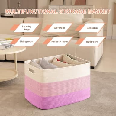 OIAHOMY 108L Super Large Blanket Basket, 25”x16”x16” Rectangle Woven Baskets for Storage, Cotton Rope Basket For Living Room, Toy Storage with Handle - Gradient Pink - Image 4