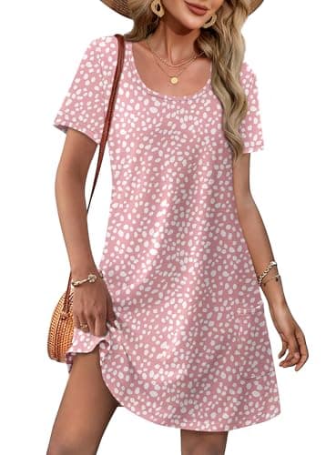 OFEEFAN Summer Dresses for Women 2025 Beach Vacation Loose U Neck T Shirts Casual Short Sleeve Dress Sundresses wih Pockets Trendy Floral 07 S - Image 1