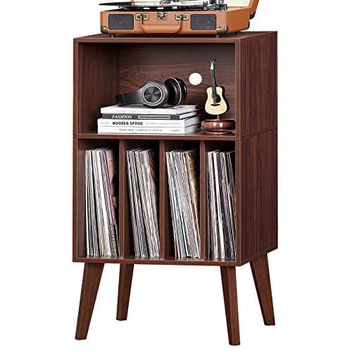 Lerliuo Record Player Stand, Walnut Turntable Stand Holds up to 160 Albums, Mid-Century Vinyl Storage Cabinet Table with Solid Wood Legs, Record Player Holder Dispaly Shelf for Bedroom Living Room - Image 1