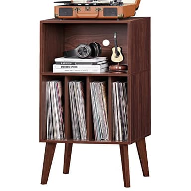 Lerliuo Record Player Stand, Walnut Turntable Stand Holds up to 160 Albums, Mid-Century Vinyl Storage Cabinet Table with Solid Wood Legs, Record Player Holder Dispaly Shelf for Bedroom Living Room - Image 1