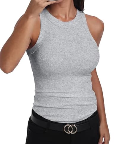 GEMBERA Womens Sleeveless Racerback High Neck Basic Ribbed Knit Fitted Tank Top Heather Grey S - Image 1