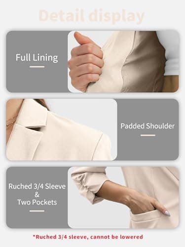 ELLEVEN Womens Blazer Business Casual Suit Jacket Slim Fit Fitted Ruched 3/4 Sleeve Petite Crop Blazer Dressy Full Lining Lightweight Outfits Coat Cardigan with Padded Shoulder Khaki XX-Large - Image 5