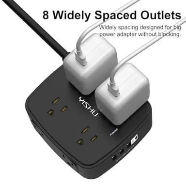 6 Ft Surge Protector Power Strip - 8 Widely Outlets with 4 USB Ports, 3 Side Outlet Extender with 6 Feet Extension Cord, Flat Plug, Wall Mount, Desk USB Charging Station, ETL,Black - Image 4