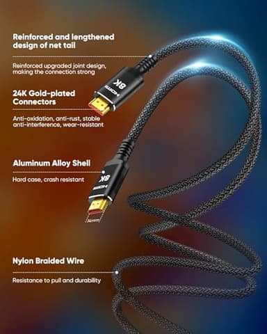 Snowkids Long HDMI Cable 35 ft, 8K 48Gbps Ultra High-Speed HDMI 2.1 Cables Cord, 10K 8K@60Hz, 4K@120Hz Compatible for TV/Laptop/Monitor/PS-5/X-box/Projector/Entertainment, Sound System & More - Image 3