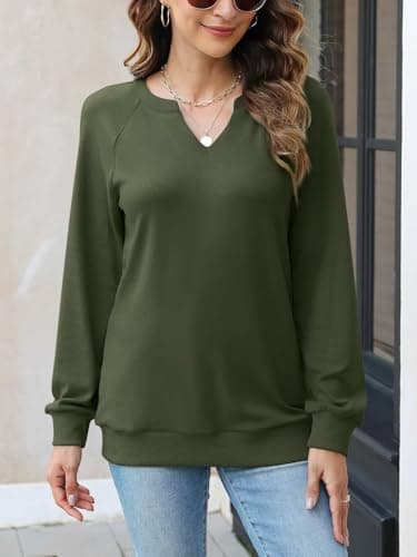 EADINVE Women Casual Long Sleeve V Neck Sweatshirts Cute Loose Fit Lightweight Pullover Tops Army - Image 2