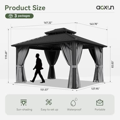 Aoxun 12'x14' Hardtop Gazebo, Aluminum Frame Canopy with Double Galvanized Steel Roof, Outdoor Metal Pavilion with Netting, Curtains for Backyard, Patio and Deck - Image 9