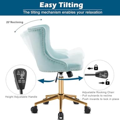 VINGLI Light Blue Armless Home Office Desk Chair with Gold Base/Wheels, Small Cute Vanity/Makeup Chair with Back for Bedroom, Upholstered Adjustable Rolling Swivel Nail Chair for Women/Girls - Image 5