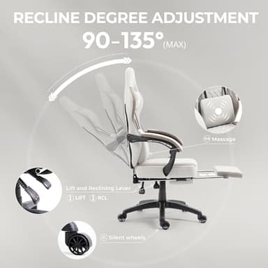 Dowinx Gaming Chair Breathable Fabric Computer Chair with Pocket Spring Cushion, Comfortable Office Chair with Gel Pad and Storage Bag,Massage Game Chair with Footrest,Beige - Image 7