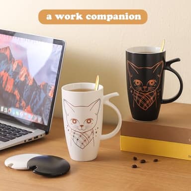 DELARLOCHEF Tea Mug With Infuser And Lid - 20oz Microwave & Dishwasher Safe Ceramic Mug, Cat Lover Gift with Leak-Proof Lid, 304 Stainless Steel Strainer & Spoon, Graduation Gifts, Golden Black Cat - Image 6